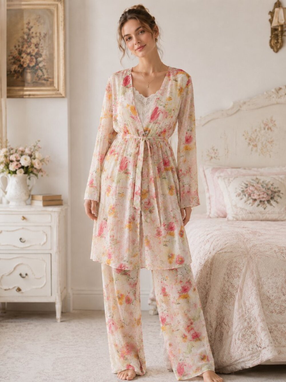 Watercolor Floral Duster Set Pink Pastel L/XL
